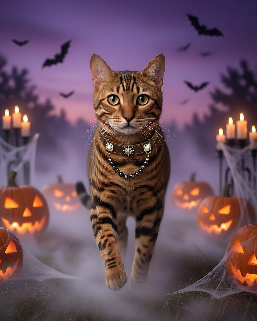 Leopard cat wearing the deep brown collar