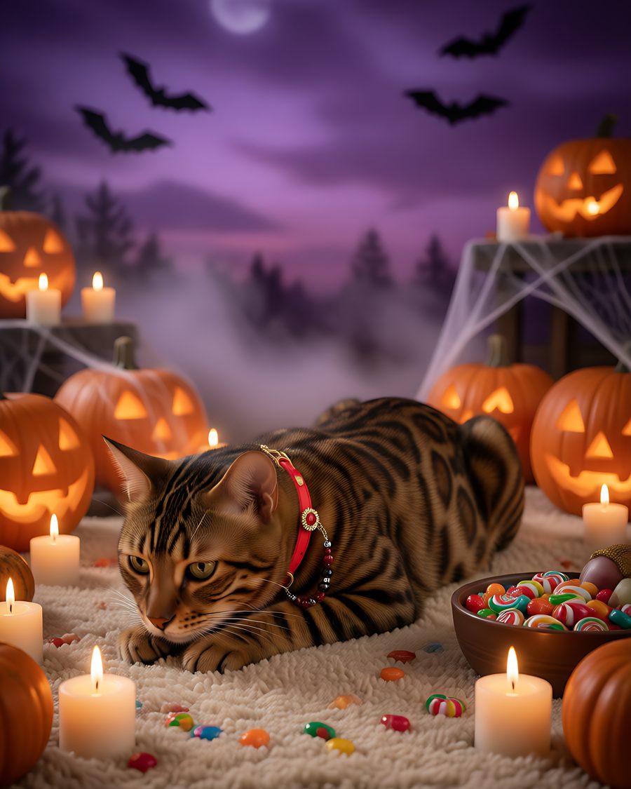 Leopard cat wearing the ruby red collar