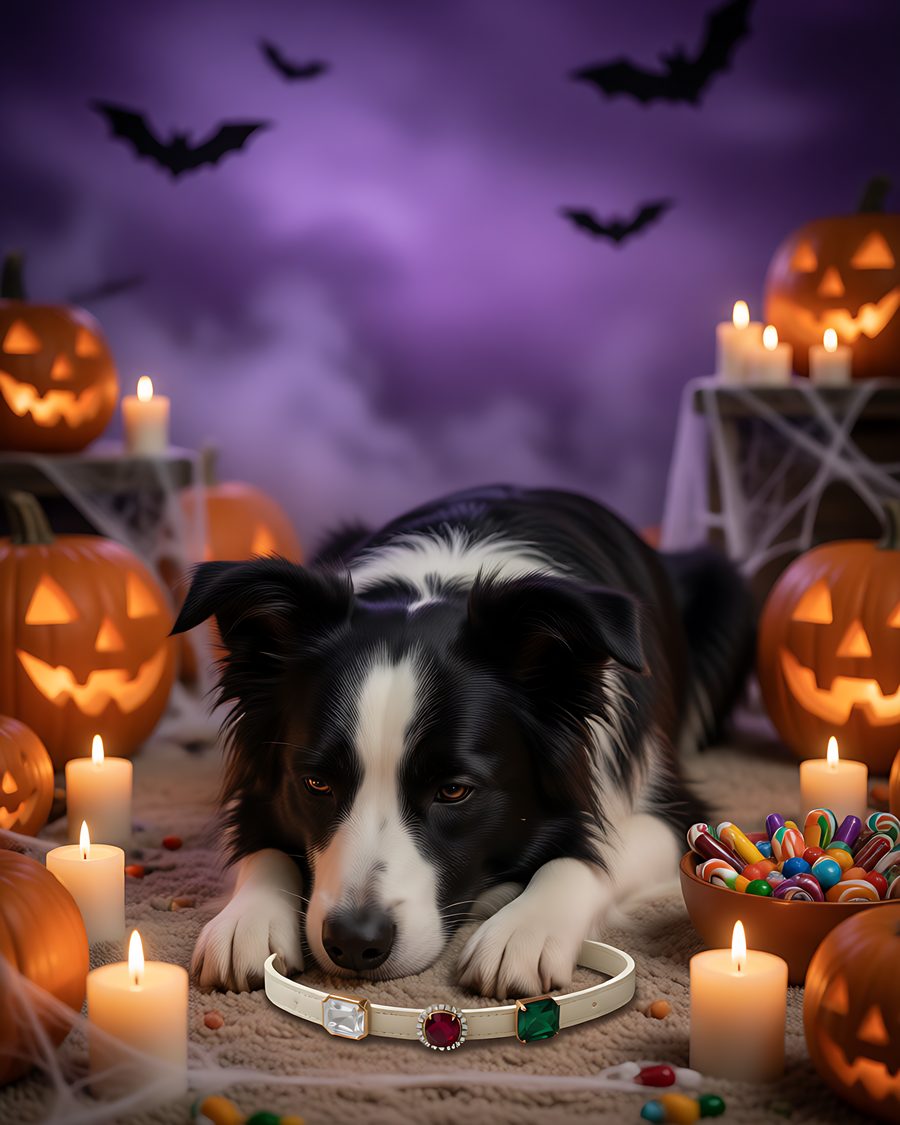 Border collie wearing the ivory collar